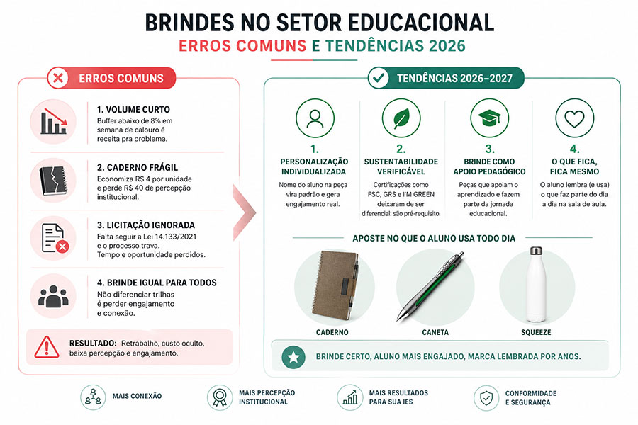 Infográfico sobre erros e oportunidades de brindes no setor educacional